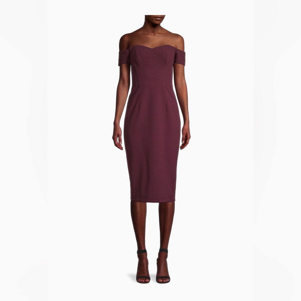NWOT Dress the Population Bailey Off-The-Shoulder Midi Dress Burgundy Size Small